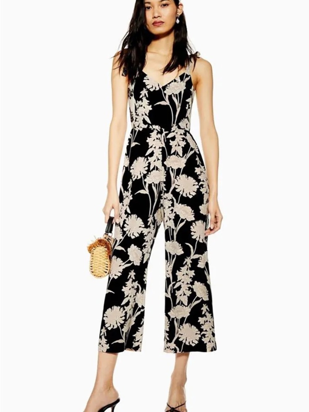 Topshop Black Jumpsuit with Cream Floral Print